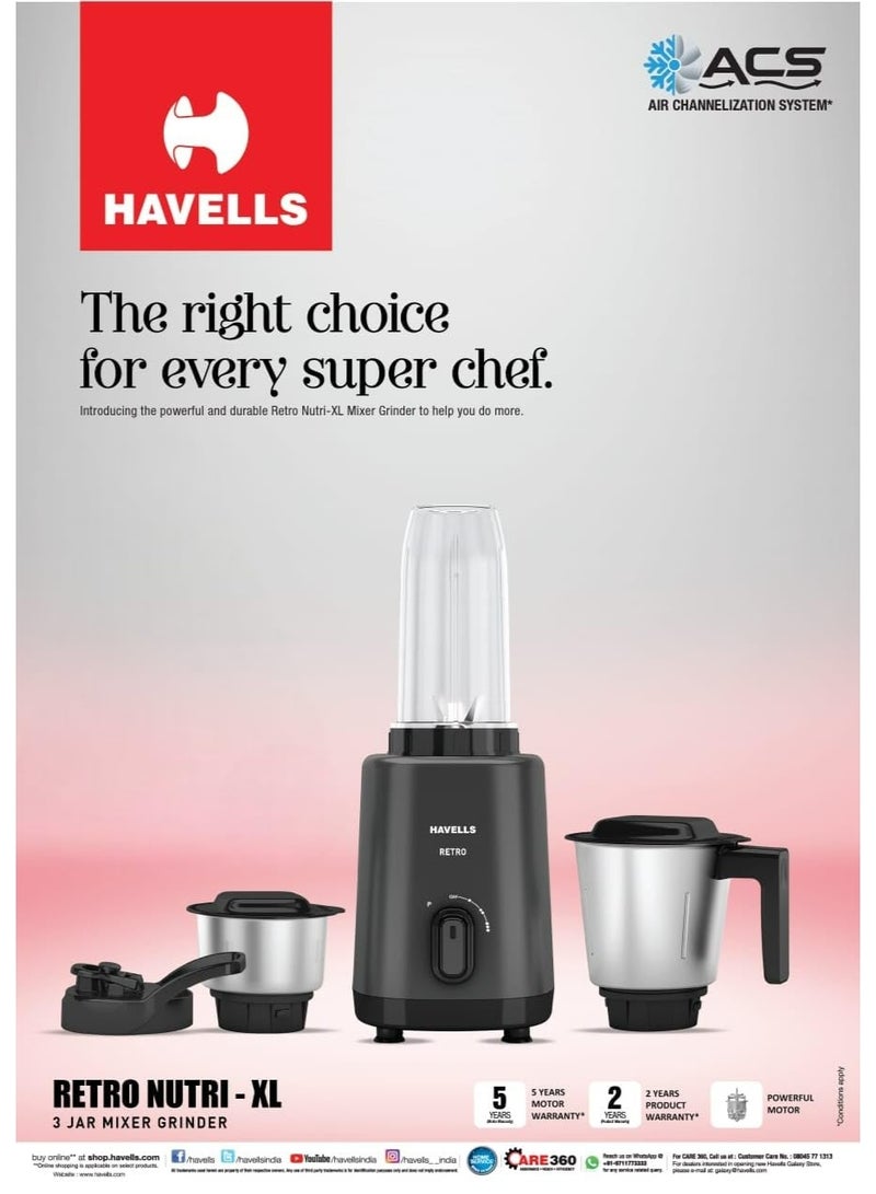 Havells Retro Nutri-Xl 500 Watts 3 Jar Mixer Grinder|21000Rpm| RoHS Complaint | 600Ml Nutri Jar with Sipper Lid | 1L Dry/Wet Grinding Jar |2Yr Product & 5Yr Motor Manufacturer Warranty (Black) - Image 2